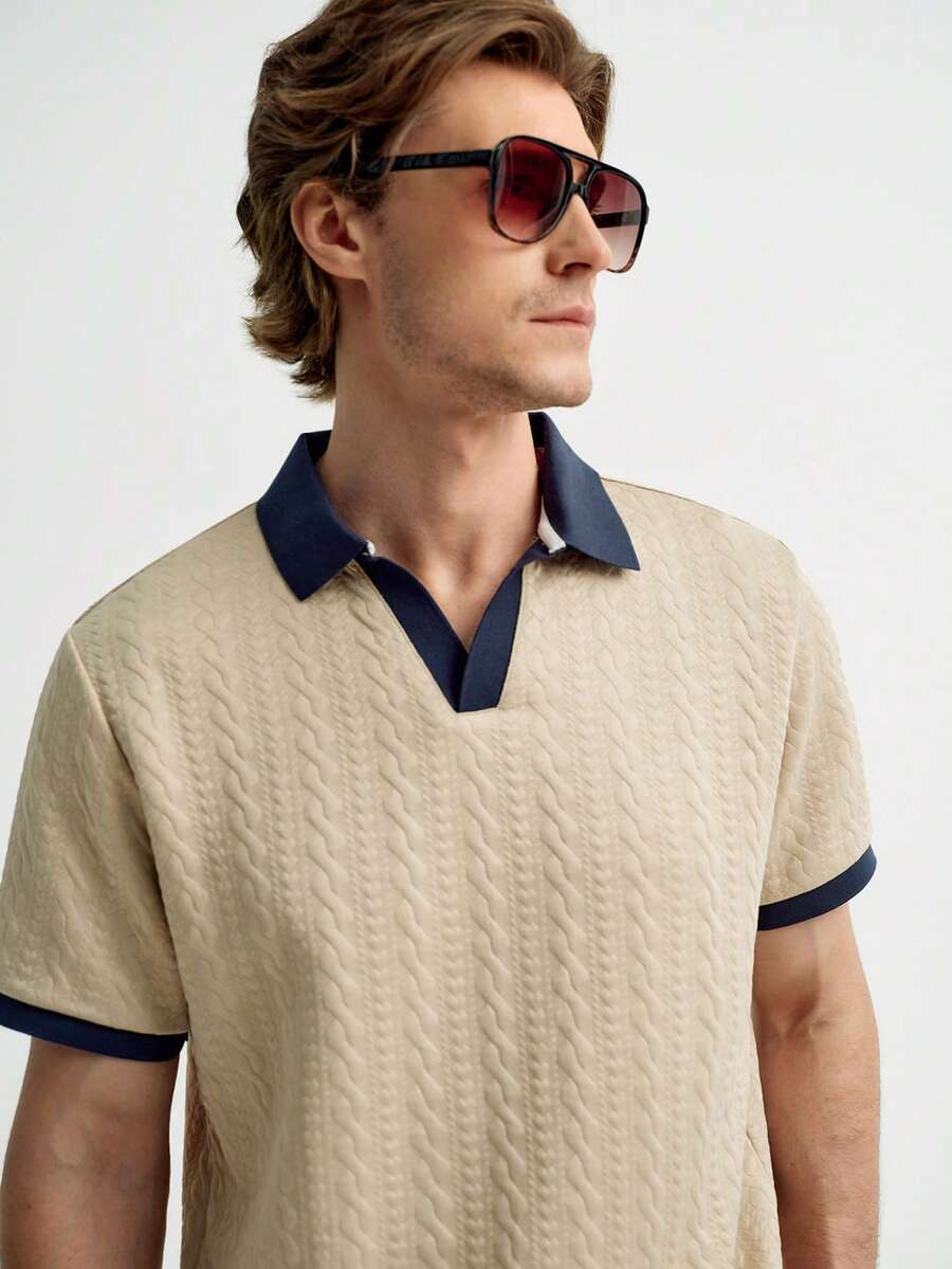 MENRIVO Camisa Polo Casual de Manga Curta com Contraste de Cor para Homens - Caqui - Visão 1