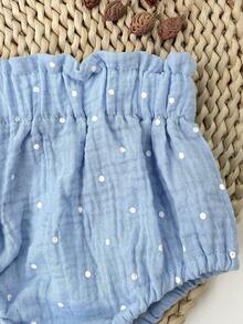 SHEIN 2件套女婴圆领短袖按扣上衣和松紧腰短裤套装，绿色波点印花，休闲可爱，适合夏季日常外出、周末公园/游乐场、野餐、旅行和各种场合。 - 藍色 - 查看 6