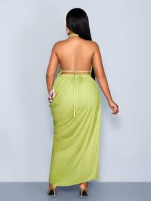 SOLERSUN Große Größen Damen Blume Muster Neckholder Rückenfreies Slip Kleid, sexy und elegantes Maxikleid mit Schlitz, geeignet für Pendeln, Urlaub, Strandpartys, Valentinstag, Frühlings- und Sommerbekleidung, Retro-Mode, minimalistischer Stil, AU Girly Style, Strandwochenend-Kunstzubehör V-Ausschnitt grünes Kleid, Frühlings- und Sommer-Casual-Luxus-Urlaubsstil, gelbgrün blumig, ethereal. - Grün - Übersicht 6