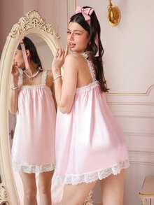 Áo ngủ nữ không tay phối ren satin màu hồng quyến rũ, lãng mạn, thanh lịch. - Hồng - Xem 6