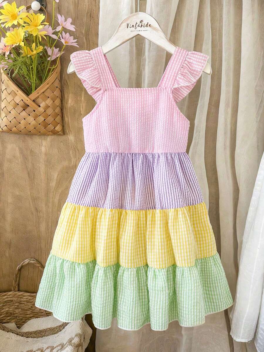 Vintaside Kids Kleine Mädchen Buntes gestreiftes ärmelloses Kleid, gewebter bunter Stoff, Puffärmel, tailliert, Saum mit Einsätzen, weiches & bequemes Material, süß & lässig, geeignet für Schule, Ausflüge, Urlaub, Partys, Frühling & Sommer - Verschiedenfarbig - Übersicht 1