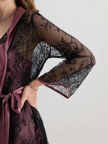SilkySpell Lace Belted Robe & Cami Pajama Night Dress - Multicolor - View 10