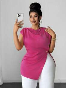 Maweii Camisa elegante sin mangas con solapa de satén y botones metálicos, color rojo rosa, talla grande para mujer - Rosa Fucsia - Ver 6