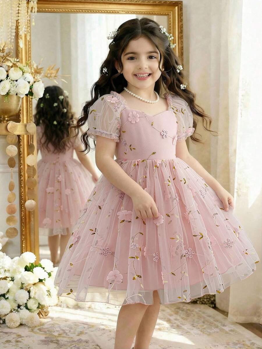 SHEIN Glamorique Kids Đầm lưới hai lớp thêu họa tiết sang trọng, tay phồng, eo thon, màu hồng thanh lịch, quyến rũ dành cho bé gái. - Hồng - Xem 1