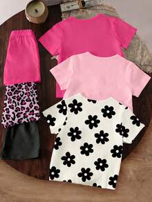 6pcs/Set Young Girl Light Pink Summer School Casual T-Shirt And Shorts Outfits,Floral,Leopard Print,Bow Decor,Funny Slogan Graphic Print Cozy Outfits - Multicolor - View 2