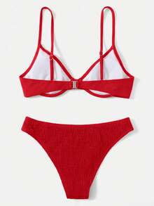 Swim Basics 女士纯色露背性感比基尼泳衣套装，带钢圈，夏季海滩 - 紅色 - 查看 2