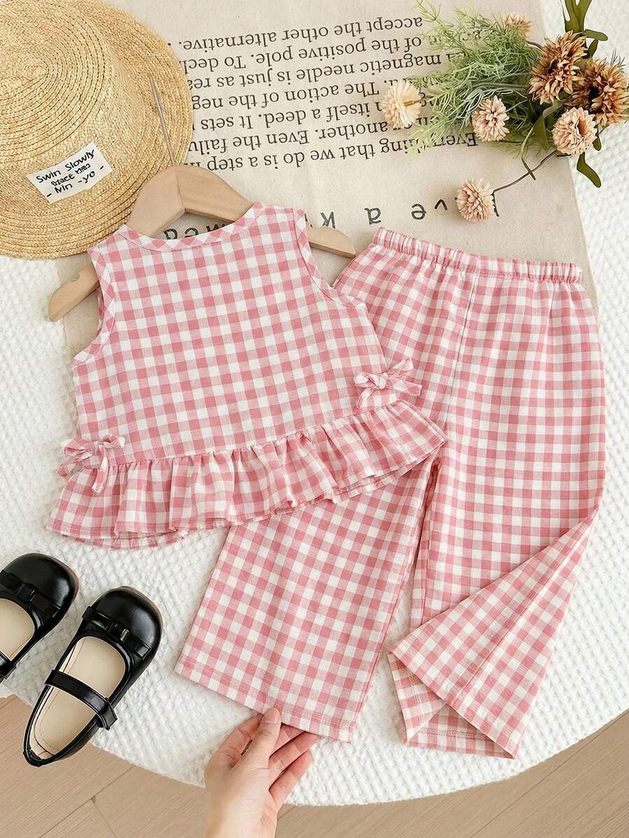 SHEIN LMoss Kids Bộ 2 món cho bé gái: áo cổ tròn kẻ sọc dệt kim và quần ống rộng thoải mái. - Nhiều màu - Xem 1