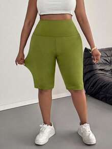 SHEIN PETITE CURVE Plus Size Women Casual Solid Color Leggings, Suitable For Summer - Army Green - View 6