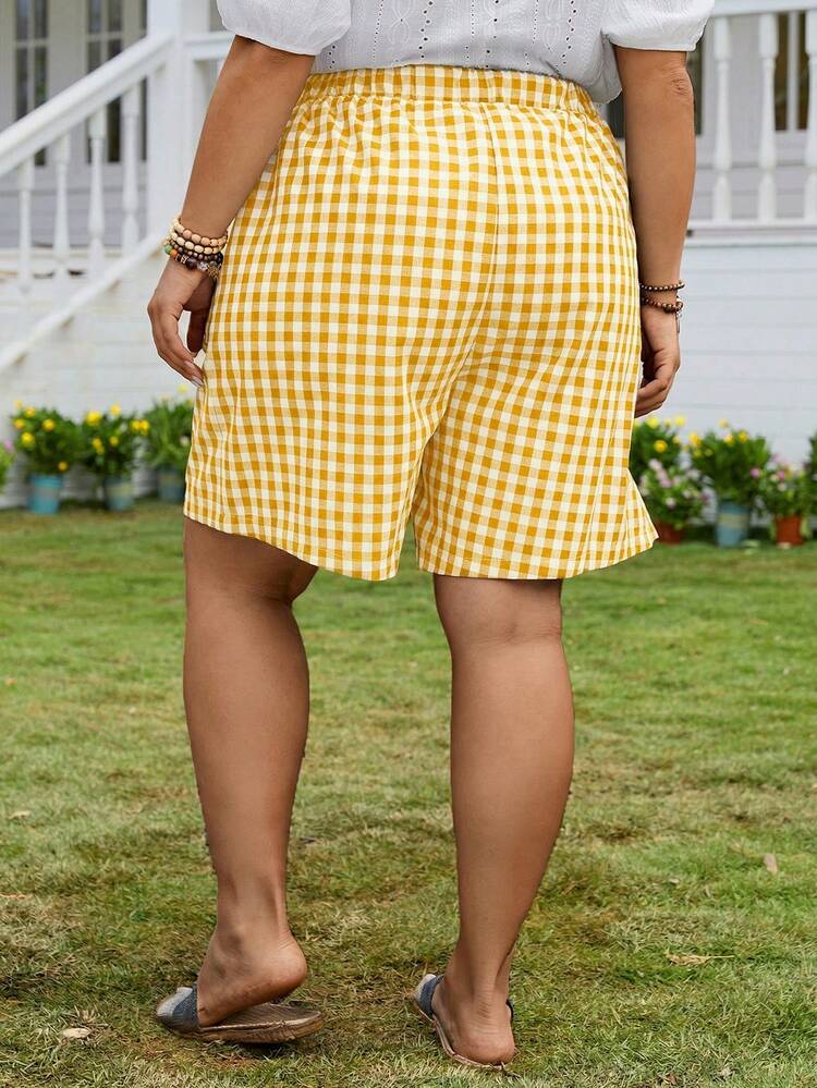 Plus Size Women's Summer Casual Loose Plaid Black And White Gingham Linen Double Pocket Shorts Mother's Day Summer Dress Summer Outfits For Women Spring Clothing Spring Outfit Beach Outfits For Women Vacation Outfits Women Summer Holiday Outfits Country Style For Women Yellow