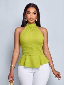 SOLERSUN Women's Fashionable Elegant Chic Lime Green Halter Neck Peplum Textured Fabric Ruched Waist Sleeveless Back Button Summer Vacation Top - Green - View 6
