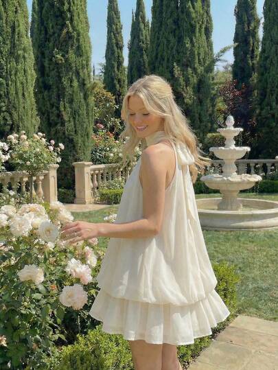 SHEIN MOD Vestido corto de mujer de unicolor con lazo en la cintura y tela de gasa