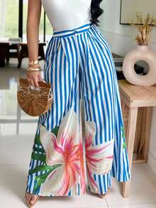 Blue & White Pleated Waist Loose Women Casual Pants Women Vacation Outfit Sets Tropical Vacation Outfits For Women Women 2 Pieces Outfit Casual Woman Summer Outfits Women's Beach Outfits Women's Beach Outfits Wide Leg Pants For Women - Multicolor - View 1