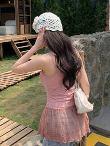 DAZY 撞色蕾丝修身吊带背心，女士休闲夏季度假上衣 - 粉色 - 查看 2