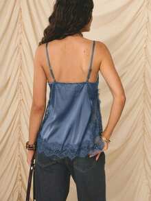 Aralina 优雅米色缎面蕾丝边细肩带修身时尚度假装女式吊带背心 - 藍色 - 查看 2