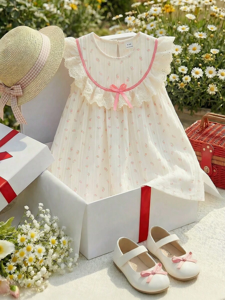 Souflis Souflis 法式新款女童夏季甜美碎花泡泡袖荷叶边领粉色蝴蝶结装饰后背纽扣闭合休闲公主裙