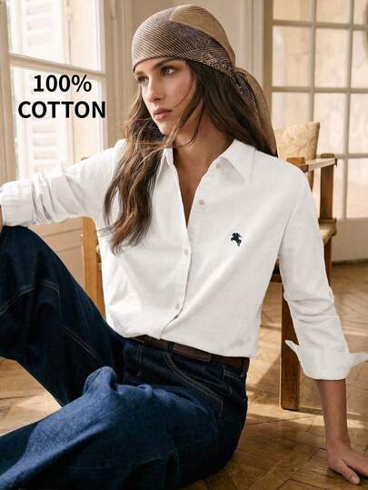 BizChic New Spring/Summer Turndown Collar Front Button Contrast Color Horse Embroidery Classic Casual Versatile Women Shirt