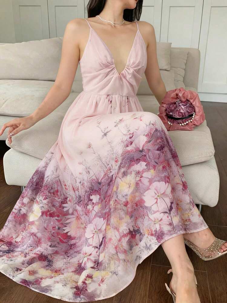 Women's Summer Floral Ombre Print Casual Elegant Lady Spaghetti Strap Dress, Deep V-Neck Vacation Style Boho