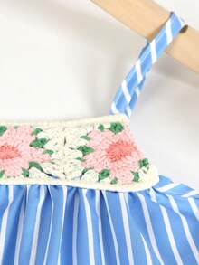 SHEIN 两件套女童夏季新款蓝白条纹吊带背心（饰有花卉刺绣）和米色腰带短裤套装，适合日常外出、亲子活动、郊游、海滩、返校季等场合。 - 藍色 - 查看 5