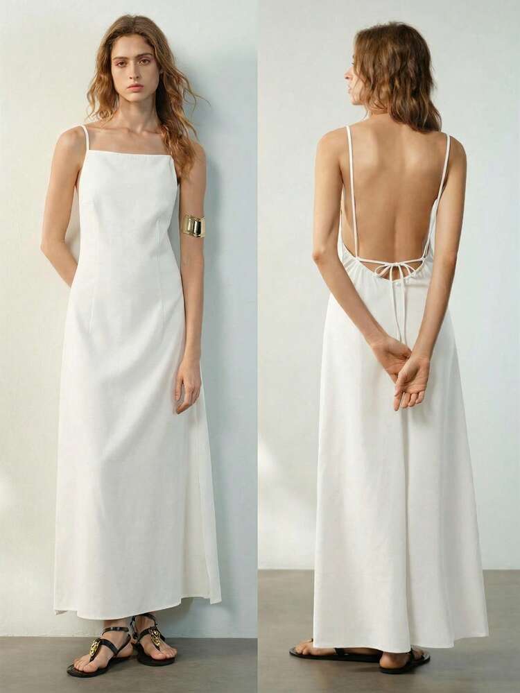 SHEIN Maija Women's Solid Color Minimalist Casual Midi Slip Dress,Summer Dresses For Women