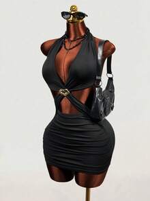 Mistrie 夏季新款音乐节性感镂空露背吊带紧身迷你连衣裙 - 黑色 - 查看 5