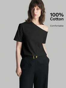 Ontre 2026春夏新款女士纯色露肩短袖上衣，休闲日常穿着，黑色宽松休闲T恤，女士夏季上衣，商务休闲，度假，海滩，生日派对，教师装，返校季，一字领上衣 - 黑色 - 查看 7