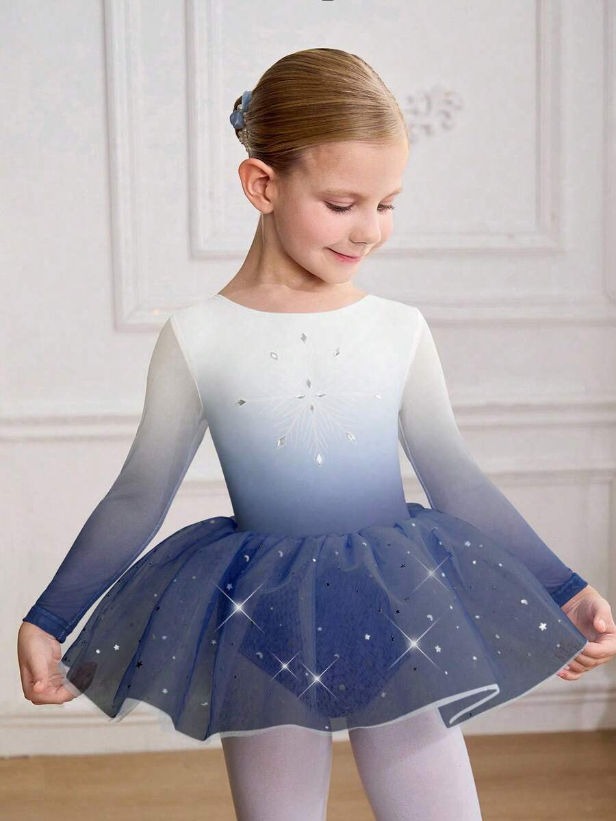 SHEIN Léotard imprimé avec strass pour jeunes filles, robe de ballet en tulle pour l'école/la compétition, jupe bouffante à paillettes mignonne, justaucorps de danse pour enfants - Bleu marine - Voir 1