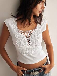 Easelle Women's Summer Casual Vacation White Scoop Neck Lace Patchwork Fitted T-Shirt Country Concert Graduation Tops For Women Cute T Shirt - White - View 7