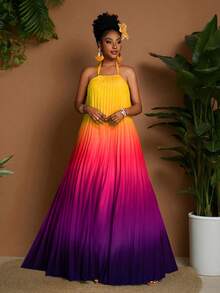 Breezaya Đầm nữ gợi cảm in họa tiết ombre cổ yếm xếp ly trang trí, kiểu dáng thời trang xuân/hè mới, đầm đi biển, đầm sinh nhật, đầm chụp ảnh nghệ thuật, đầm ngày Valentine, đầm hẹn hò, đầm thiết kế thời trang, trang phục xuân/hè đa năng, đầm dài thanh lịch mới về, đầm dài sang trọng. - Nhiều màu - Xem 6