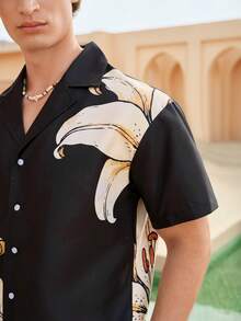 Manfinity VDAYZ Men's Floral Print Button-Front Short Sleeve Shirt And Shorts Set, Beach/Vacation Summer Mens Summer Holiday Clothes Resort Wear Men Outfit For Men Beach Men S Vacation Outfits Hawaian Outfit For Men - Black - View 2