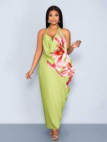 SOLERSUN Große Größen Damen Blume Muster Neckholder Rückenfreies Slip Kleid, sexy und elegantes Maxikleid mit Schlitz, geeignet für Pendeln, Urlaub, Strandpartys, Valentinstag, Frühlings- und Sommerbekleidung, Retro-Mode, minimalistischer Stil, AU Girly Style, Strandwochenend-Kunstzubehör V-Ausschnitt grünes Kleid, Frühlings- und Sommer-Casual-Luxus-Urlaubsstil, gelbgrün blumig, ethereal. - Grün - Übersicht 4