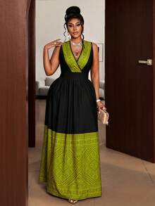 Plus Size Colorblock V-Neck Sleeveless Dress - Black - View 5