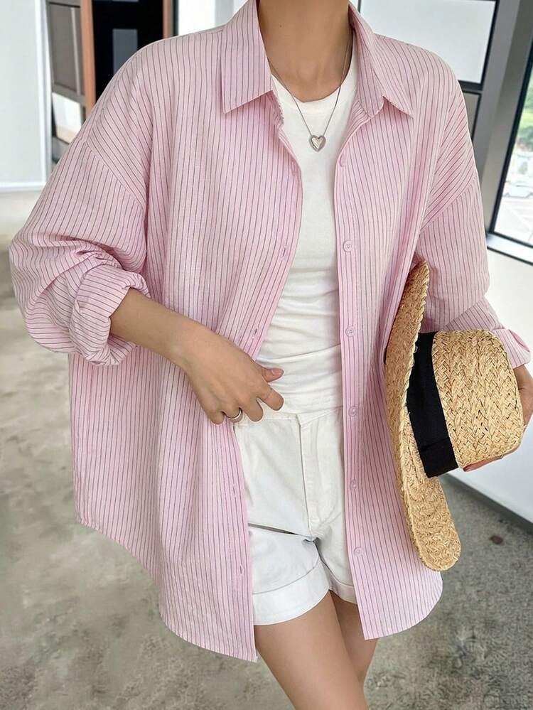 Women's Striped Drop Shoulder Long Sleeve Single-Breasted Casual Loose Shirt