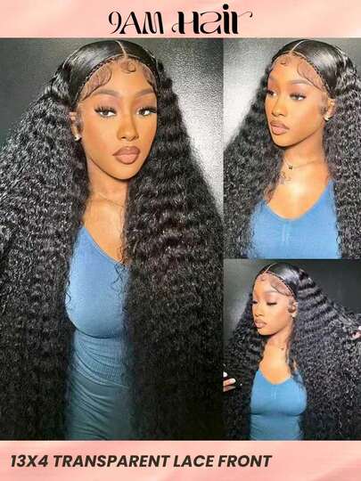 13x4 深波浪蕾丝前假发，真人发，10-32 英寸，透明前额，女士款，自然黑色，预拔发际线，未经加工的天然真人发假发