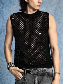 ROMWE MEN Áo vest nam cổ tròn đính sequin khoét lỗ - màu đen - Xem 1