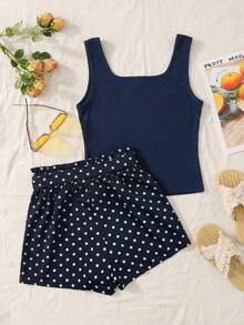 SHEIN TEENGIRL Orange Tank Top With Colorful Leaf Print & Loose Shorts Set, Vacation Style Suitable For Summer - Navy Blue - View 2