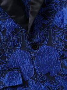 Boys 2 Piece Elegant Formal Suit Set, Blue Floral Blazer Jacket & Black Dress Pants For Prom Wedding Guest All Season Wear - Navy Blue - View 5