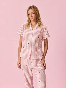 Bộ đồ ngủ ngắn tay in hình trái tim kẻ sọc dành cho nữ - Hồng - Xem 8