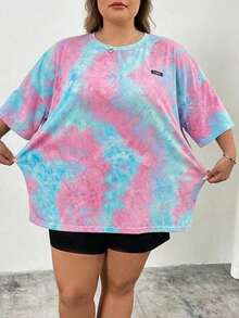 SHEIN CURVE+ Camiseta de manga corta con cuello redondo y estampado de teñido anudado en talla grande para mujer, para el verano - Multicolor - Ver 7