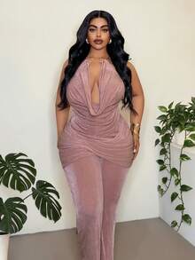Maweii Plus Size Women's Dusty Rose Summer Elegant Night Out Club Spaghetti Strap Camisole,Underwire,Fitted Flare Pants,Stretch Fabric Two Pieces Set - Dusty Pink - View 3