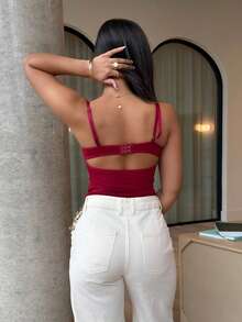 leahseptember Kamisol Seksi Wanita Model Pendek dengan Detail Renda Kontras - Burgundy - View 2