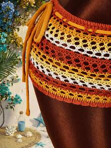 Amplova Quần short dệt kim kẻ sọc khoét lỗ dành cho nữ, thích hợp cho kỳ nghỉ biển. - Màu Cam cháy - Xem 6