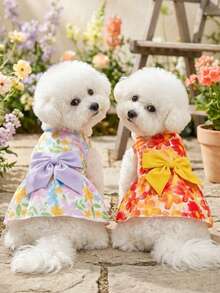 PETSIN 1pc Colorful Small Flowers And Red And Yellow Chrysanthemums With Bow Print Pet Dress, Gentle And Breathable Summer Vacation Style Sleeveless Pet Clothing - Multicolor - View 3