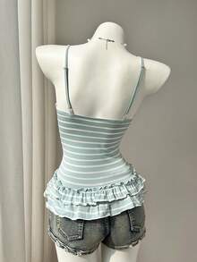 Elamini Women's Pink Striped Sweet Ruched Bust Fitted Camisole For Summer - Mint Blue - View 2