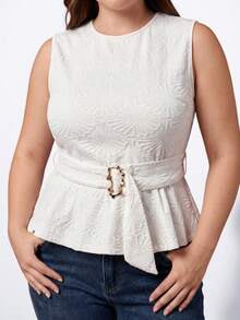 Maija Plus Size White Summer Elegant Women's Floral Textured Blouse, Round Neck Sleeveless Top With Waist Tie And Ruffle Hem, Casual Office Work Attire - White - View 3