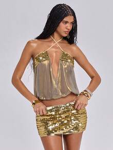 ROMWE Spring/Summer Y2K Music Festival Outfit, Sequin Patchwork Deep V Spaghetti Strap Crop Top And Sequin Mini Skirt 2 Pieces Set - Gold - View 11