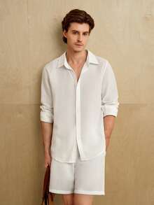 MENRIVO 2 件男士白色长袖单排扣衬衫和抽绳腰短裤休闲套装，秋季服装 - 白色 - 查看 1