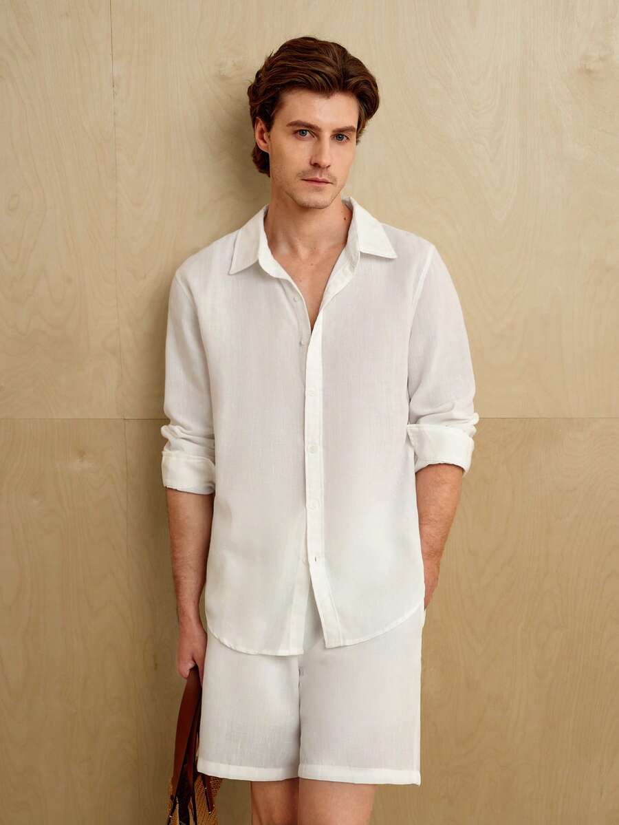 MENRIVO 2 件男士白色长袖单排扣衬衫和抽绳腰短裤休闲套装，秋季服装 - 白色 - 查看 1