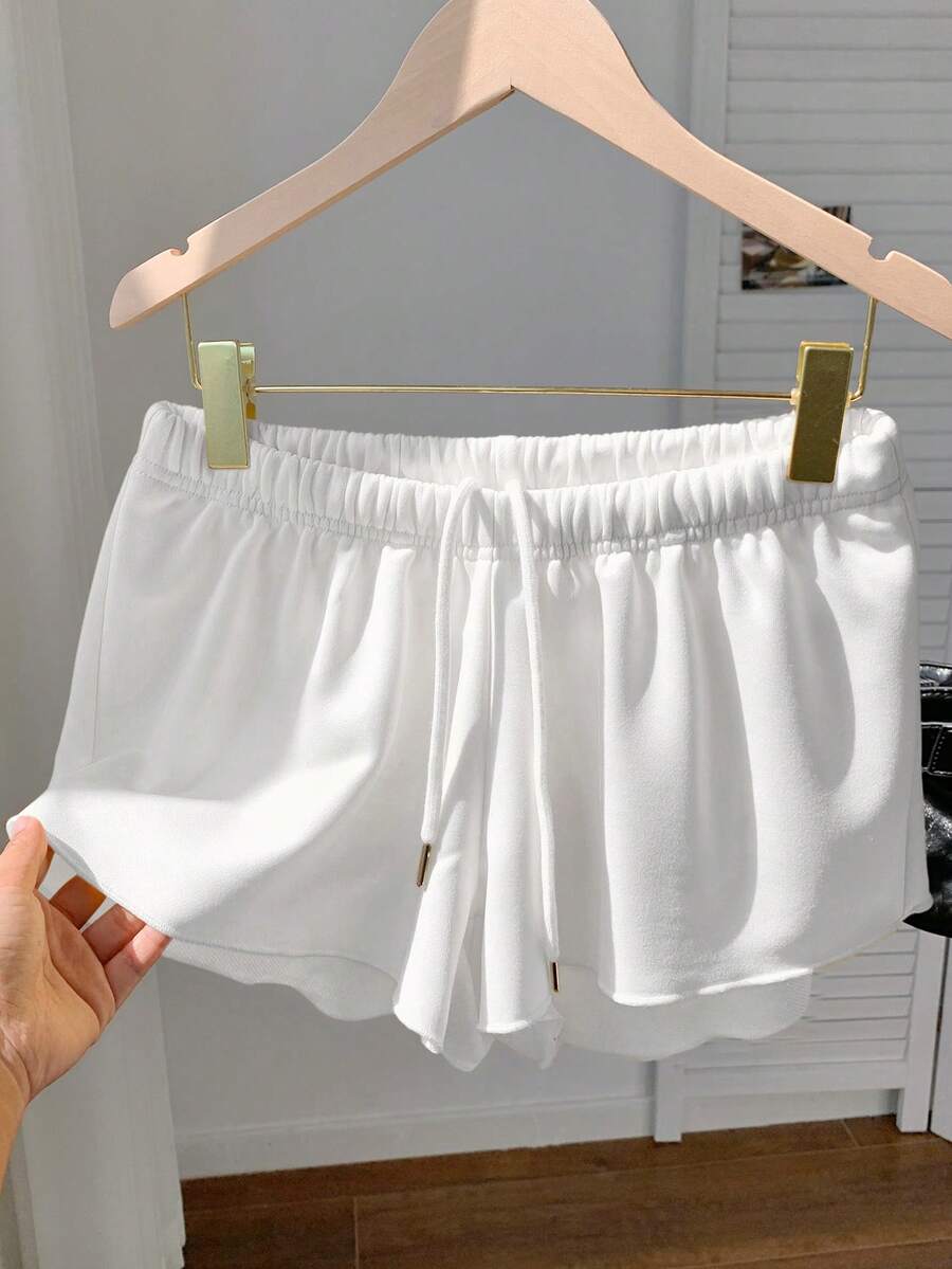 Comfortcana Celana Pendek Kasual Musim Panas Wanita Warna Polos dengan Pinggang Elastis dan Tali Serut - Putih - View 1