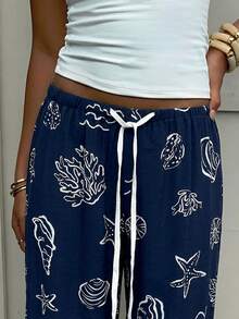 Aloruh 新款浪漫条纹泡泡褶皱印花可爱卡通舒适百搭裤 - 藍色 - 查看 7