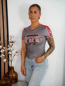 SAYEHFBABY 女士字母印花休闲V领修身短袖T恤 - 深灰色 - 查看 6